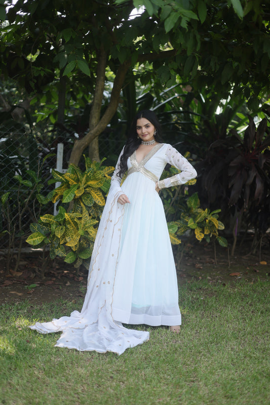 White Russian Silk Dress with Elegant Embroidered Cut-Work – Premium Ethnic Wear