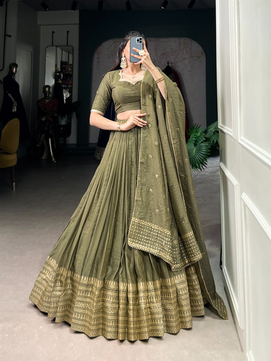 Mehendi Green Pure Chanderi Lehenga Set with Zari Weaving Work & Embroidered Dupatta