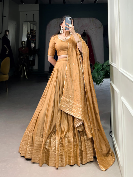 Mustard Pure Chanderi Lehenga Set with Zari Weaving Work & Embroidered Dupatta