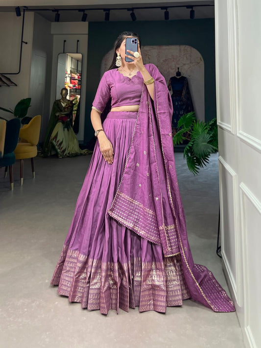 Purple Pure Chanderi Lehenga Set with Zari Weaving Work & Embroidered Dupatta