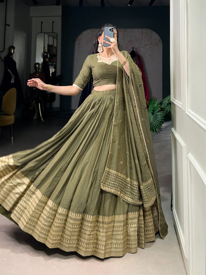 Mehendi Green Pure Chanderi Lehenga Set with Zari Weaving Work & Embroidered Dupatta