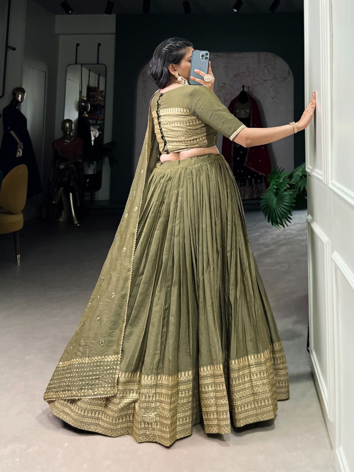 Mehendi Green Pure Chanderi Lehenga Set with Zari Weaving Work & Embroidered Dupatta