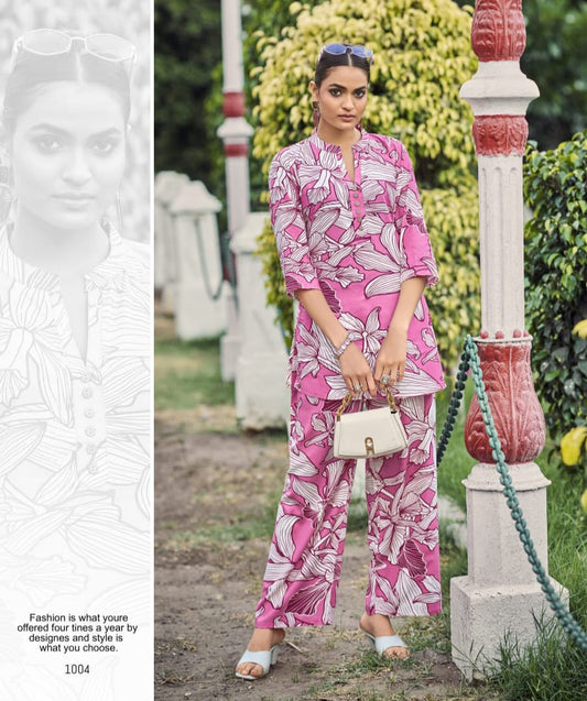Pink Heavy Rayon Co-Ord Set for Women – Printed Top & Bottom | Stylish Casual Ethnic Wea