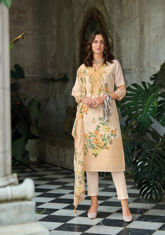Yellow Schiffli Linen Suit Set – Handwork Kurti, Cambric Cotton Pant & Viscose Mal Dupatta