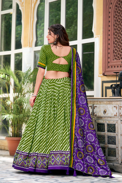 Green Tussar Silk Lehenga – Leheriya Print, Patola Border, Trendy Style with Dupatta