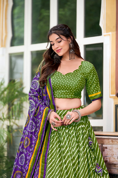 Green Tussar Silk Lehenga – Leheriya Print, Patola Border, Trendy Style with Dupatta