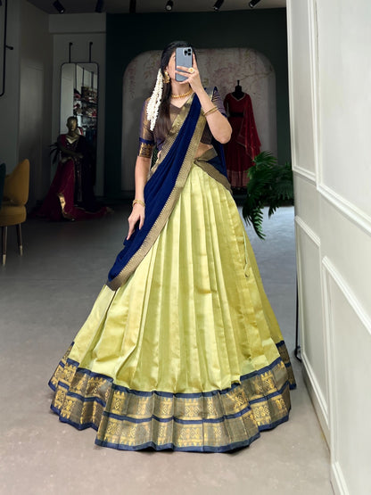 Trendy Pista Green Kanchipuram Silk Lehenga with Zari Weaving Work and Matching Dupatta