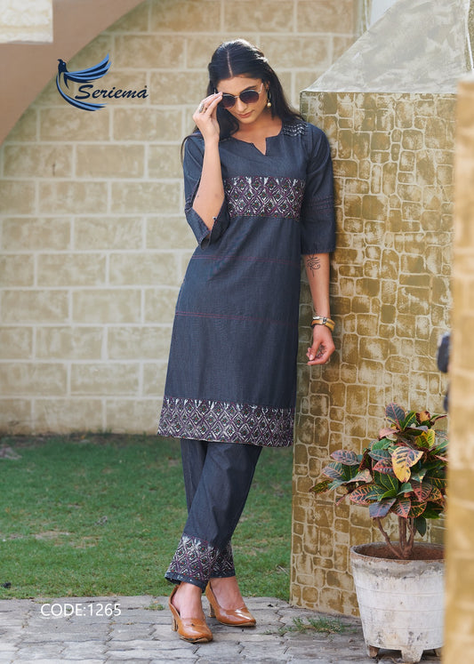 Navy Blue Cotton Denim Co-ord Set with Heavy Embroidery Work – 100% Pure Cotton for Women