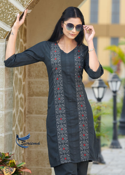 Dark Gray Cotton Denim Co-ord Set with Heavy Embroidery Work – 100% Pure Cotton for Women