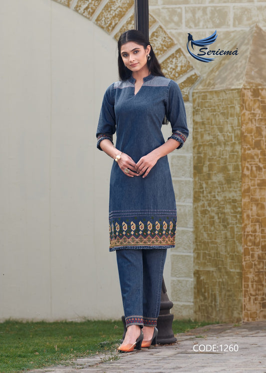Blue Cotton Denim Co-ord Set with Heavy Embroidery Work – 100% Pure Cotton for Women