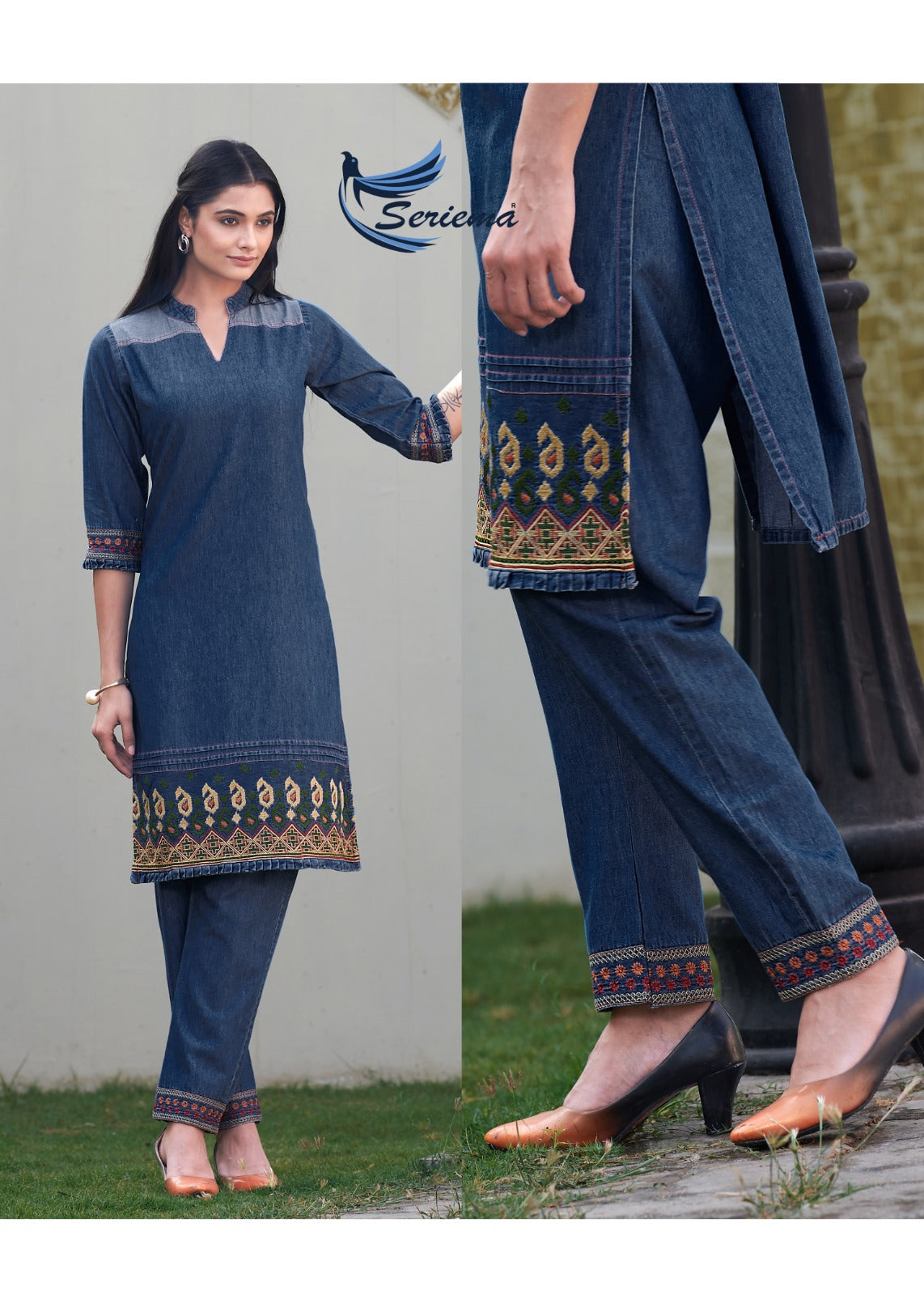 Blue Cotton Denim Co-ord Set with Heavy Embroidery Work – 100% Pure Cotton for Women