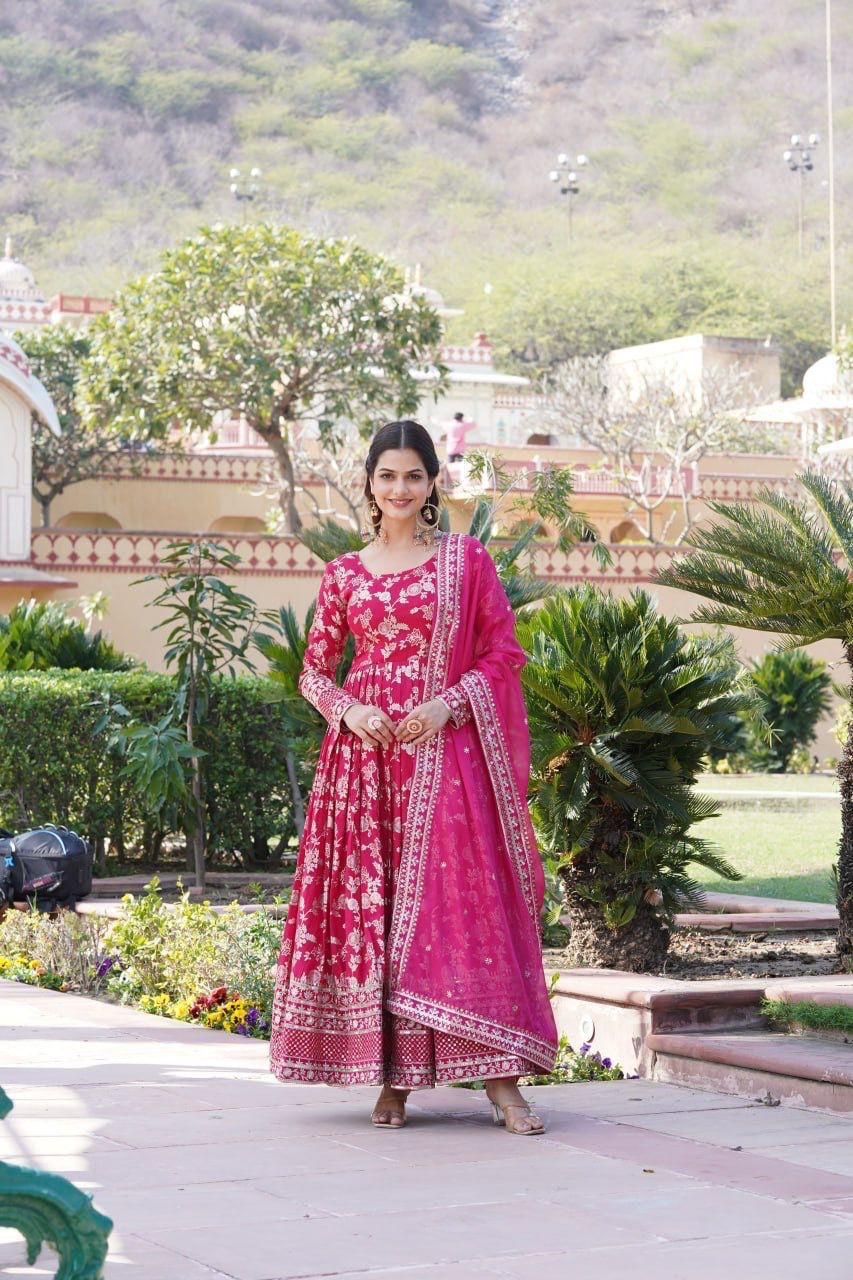 Pink Viscose Diable Jacquard Gown with Sequins Embroidery and Matching Dupatta – Trendy Partywear Outfit