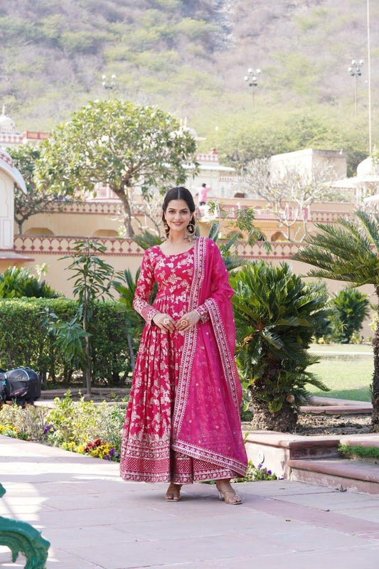 Pink Viscose Diable Jacquard Gown with Sequins Embroidery and Matching Dupatta – Trendy Partywear Outfit