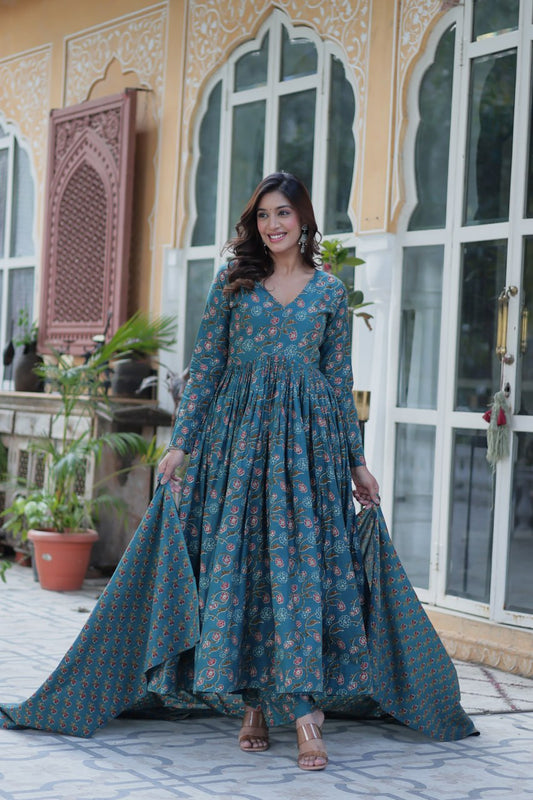 Blue Cotton Gown Set with Pant & Dupatta – Pure Cotton Comfort and Style