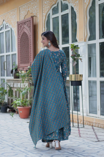 Blue Cotton Gown Set with Pant & Dupatta – Pure Cotton Comfort and Style