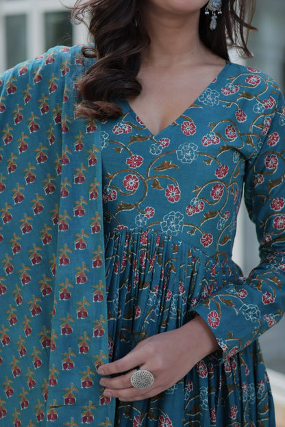 Blue Cotton Gown Set with Pant & Dupatta – Pure Cotton Comfort and Style