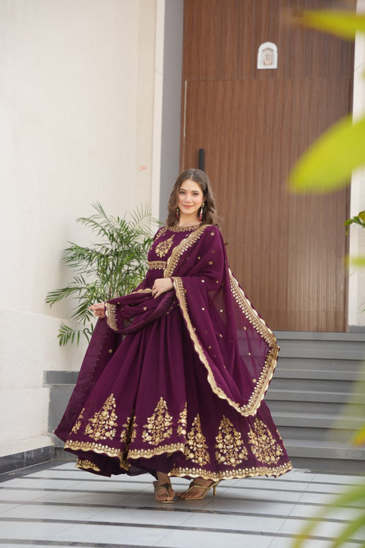 Wine Faux Blooming Georgette and Sequins Embroidery Gown & Dupatta