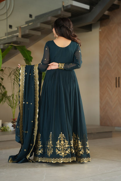 Dark-Teal Faux Blooming Georgette and Sequins Embroidery Gown & Dupatta