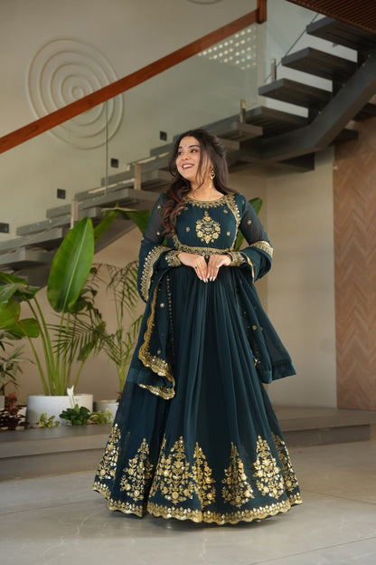 Dark-Teal Faux Blooming Georgette and Sequins Embroidery Gown & Dupatta