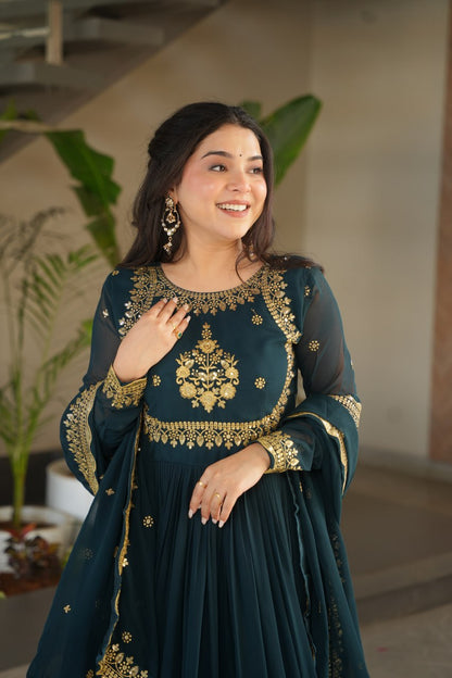 Dark-Teal Faux Blooming Georgette and Sequins Embroidery Gown & Dupatta