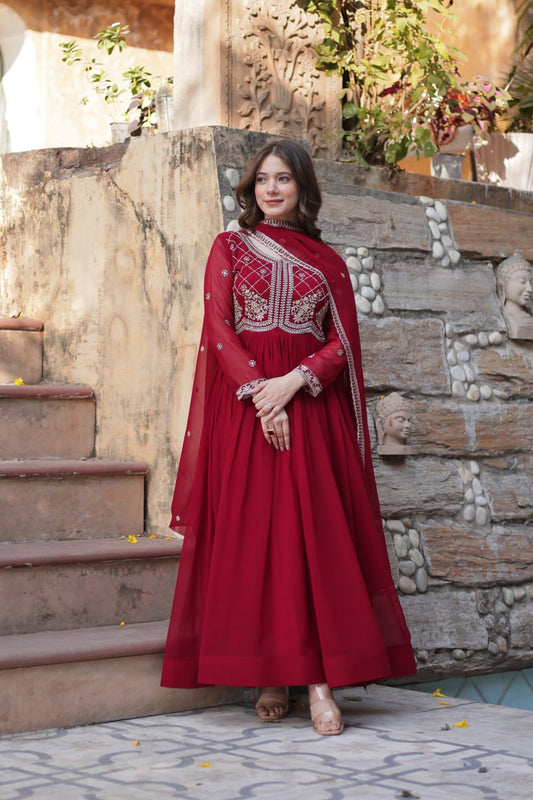 Red Georgette Gown with Multi-Sequins & Embroidery – Party & Festive Wear