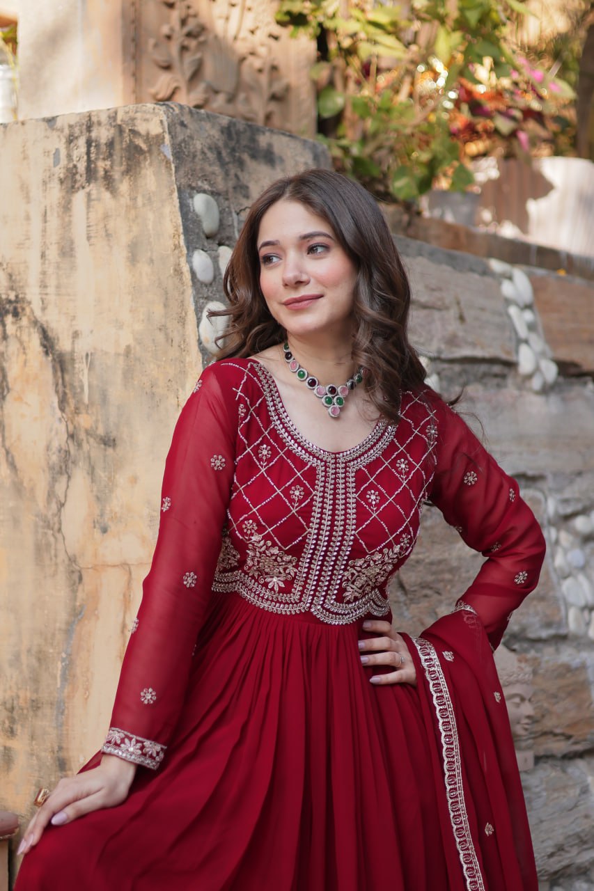 Red Georgette Gown with Multi-Sequins & Embroidery – Party & Festive Wear