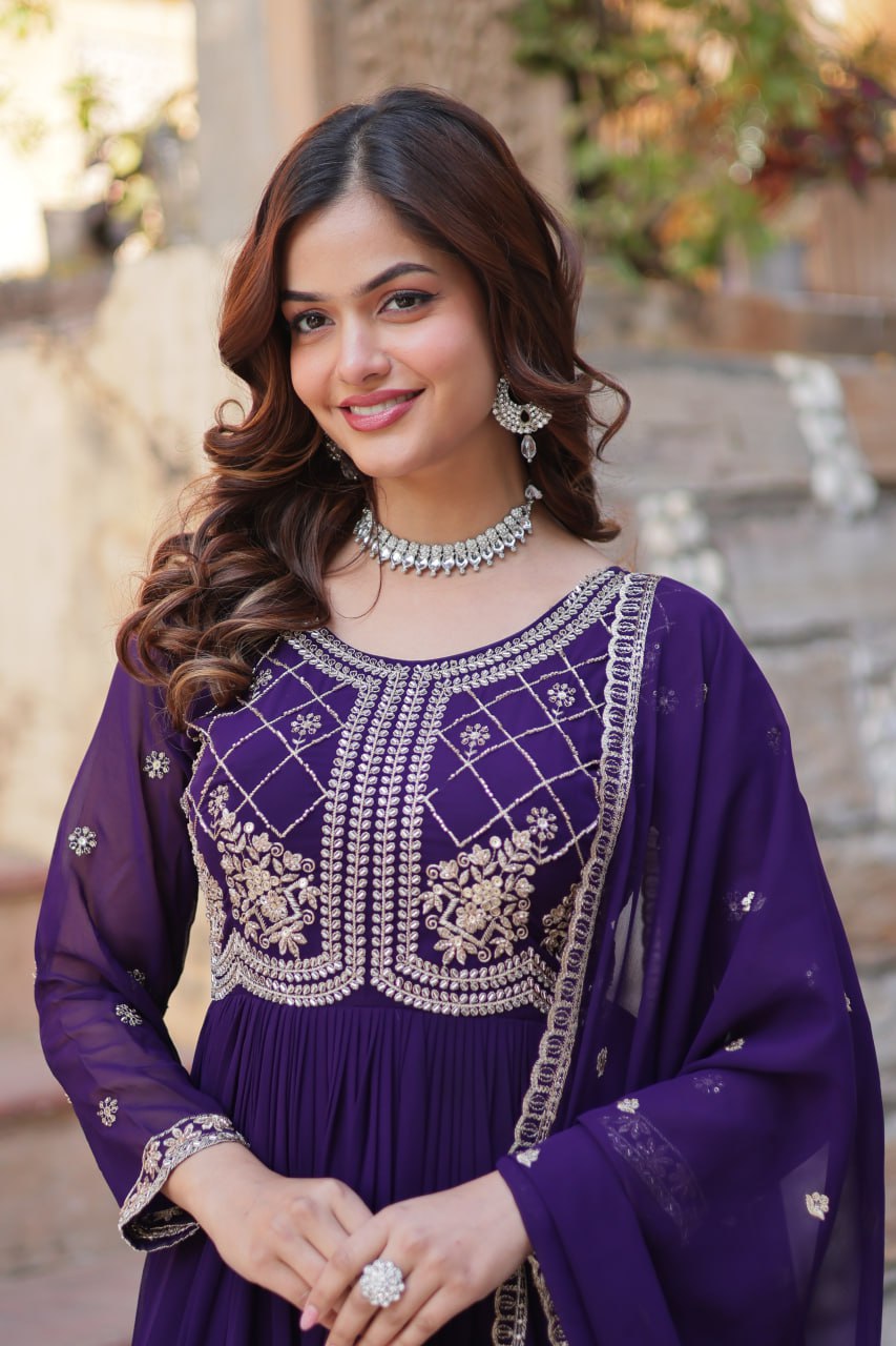 Purple Georgette Gown with Multi-Sequins & Embroidery – Party & Festive Wear