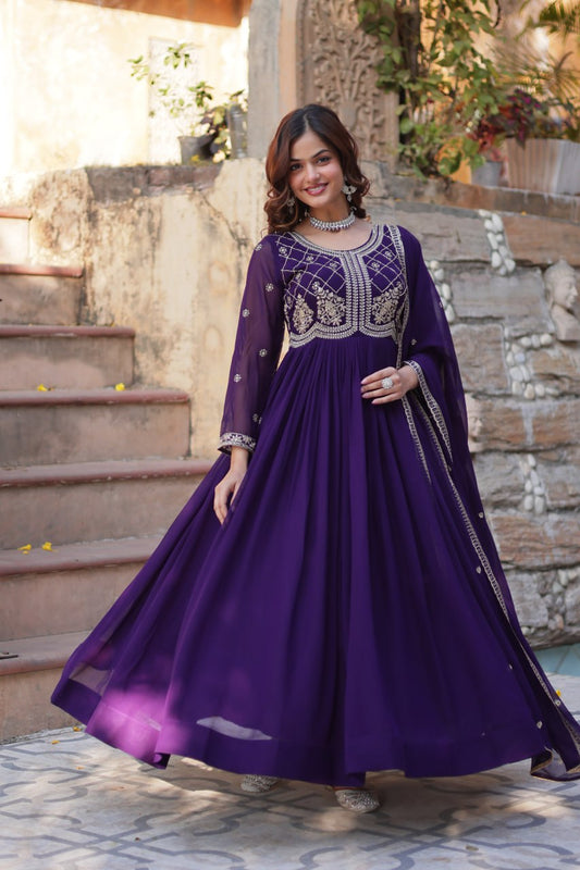 Purple Georgette Gown with Multi-Sequins & Embroidery – Party & Festive Wear