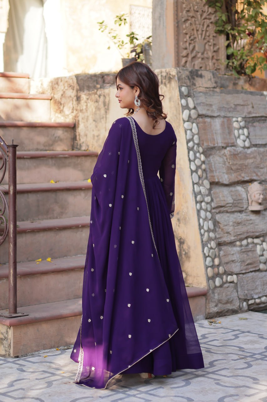 Purple Georgette Gown with Multi-Sequins & Embroidery – Party & Festive Wear