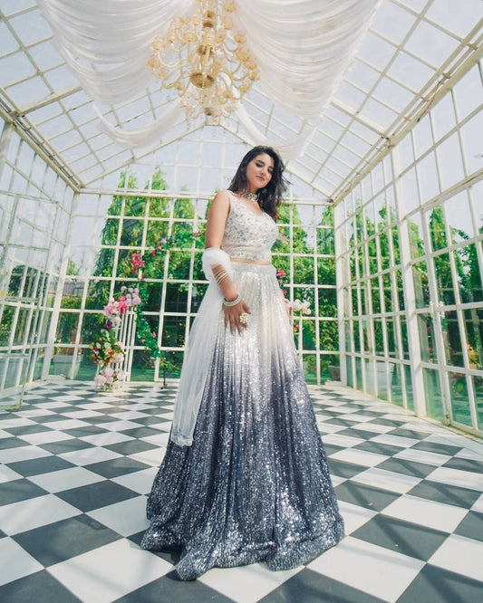 Trendy White Shaded Georgette Silk Lehenga with Sequins Embroidery Wedding Wear