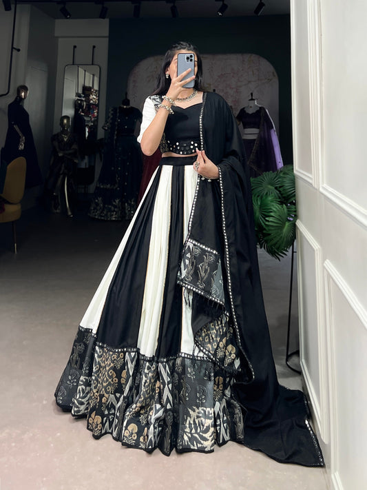 Trendy Black Pure Rayon Lehenga – Plain & Printed with Paper Mirror Lace Work and Gota Patti Detailing