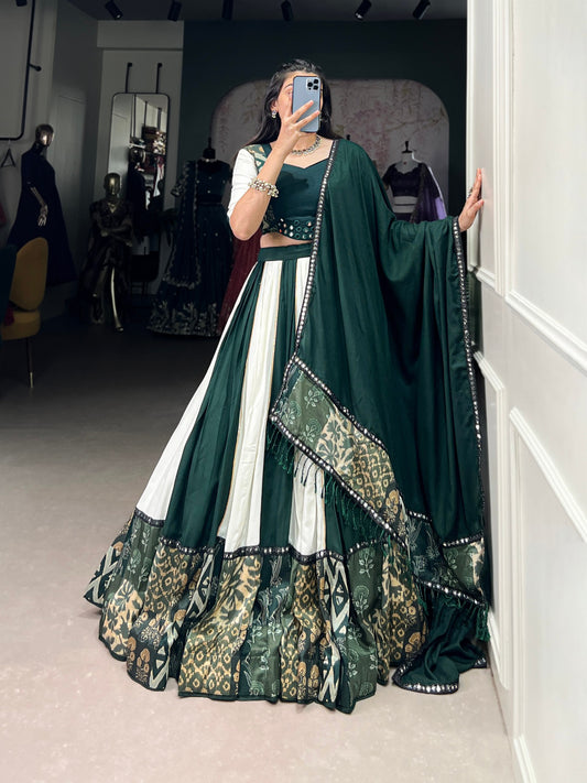 Trendy Green Pure Rayon Lehenga – Plain & Printed with Paper Mirror Lace Work and Gota Patti Detailing
