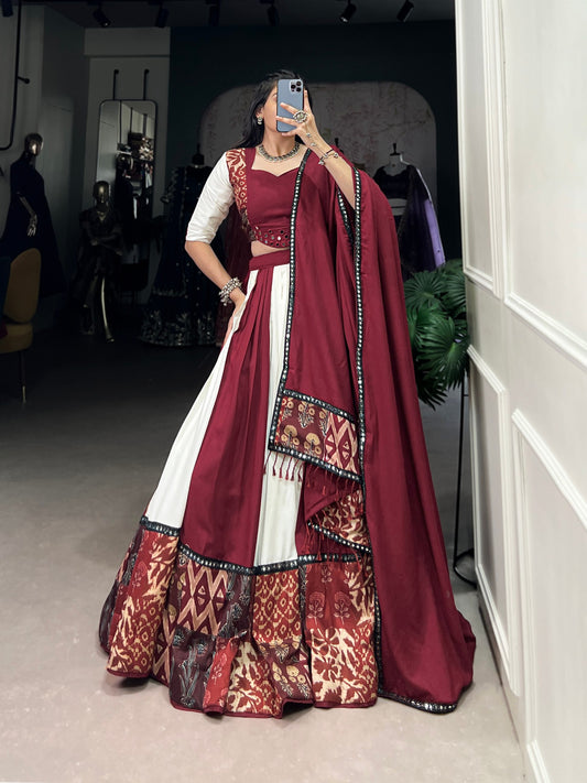 Trendy Maroon Pure Rayon Lehenga – Plain & Printed with Paper Mirror Lace Work and Gota Patti Detailing