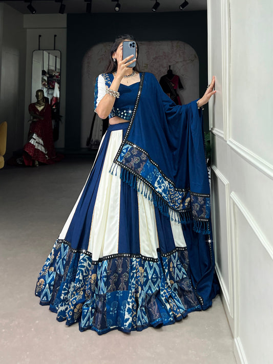 Trendy Blue Pure Rayon Lehenga – Plain & Printed with Paper Mirror Lace Work and Gota Patti Detailing