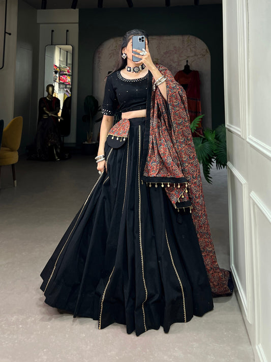 Trendy Black Pure Cotton Lehenga – Plain Design with Gota Patti Touch Up