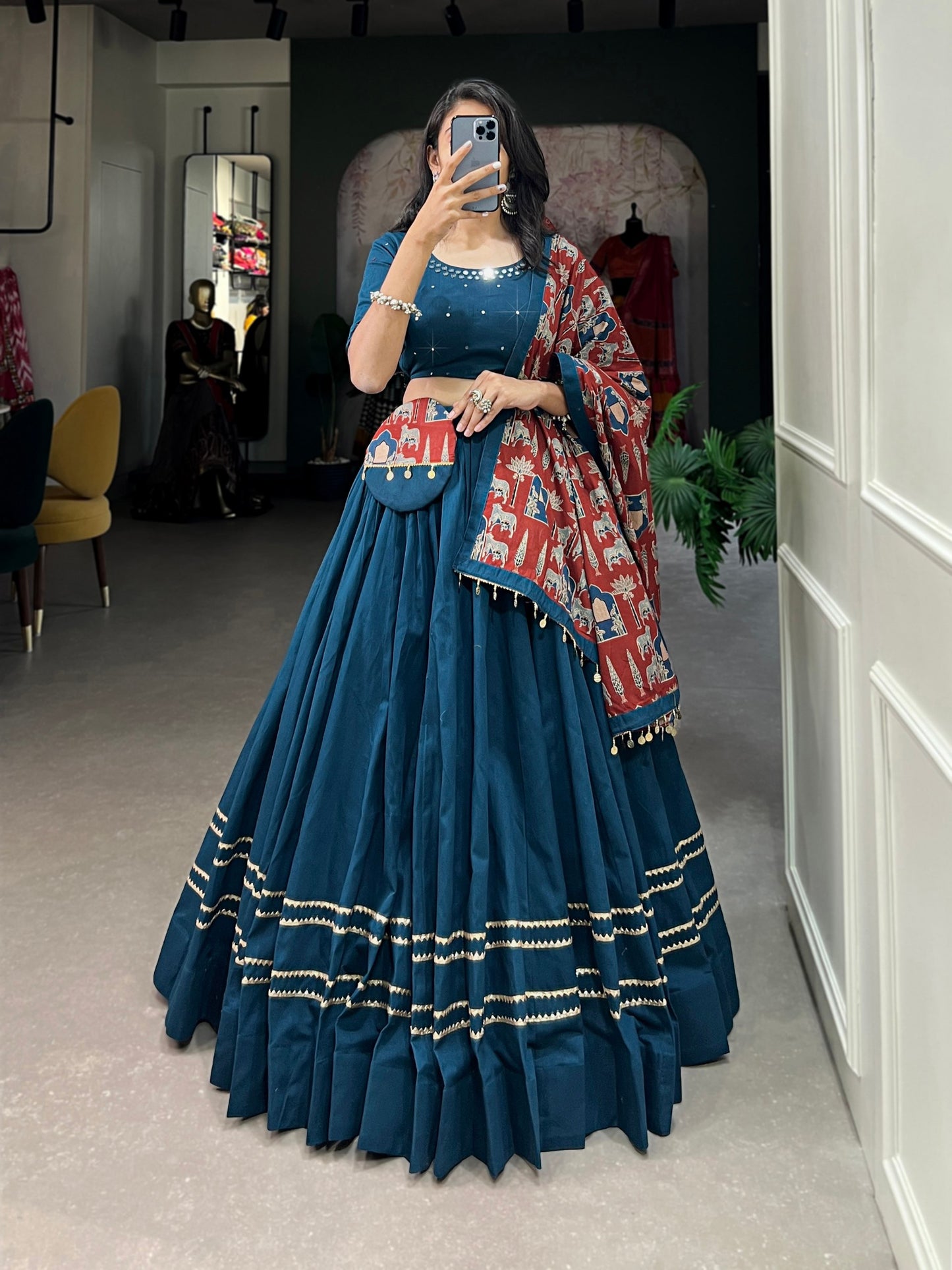 Trendy Blue Pure Cotton Lehenga – Plain Design with Gota Patti Touch Up
