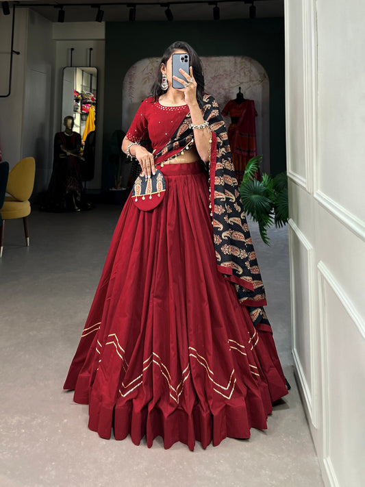 Trendy Red Pure Cotton Lehenga – Plain Design with Gota Patti Touch Up