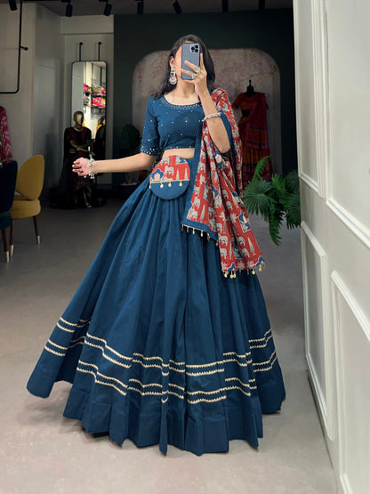 Trendy Blue Pure Cotton Lehenga – Plain Design with Gota Patti Touch Up