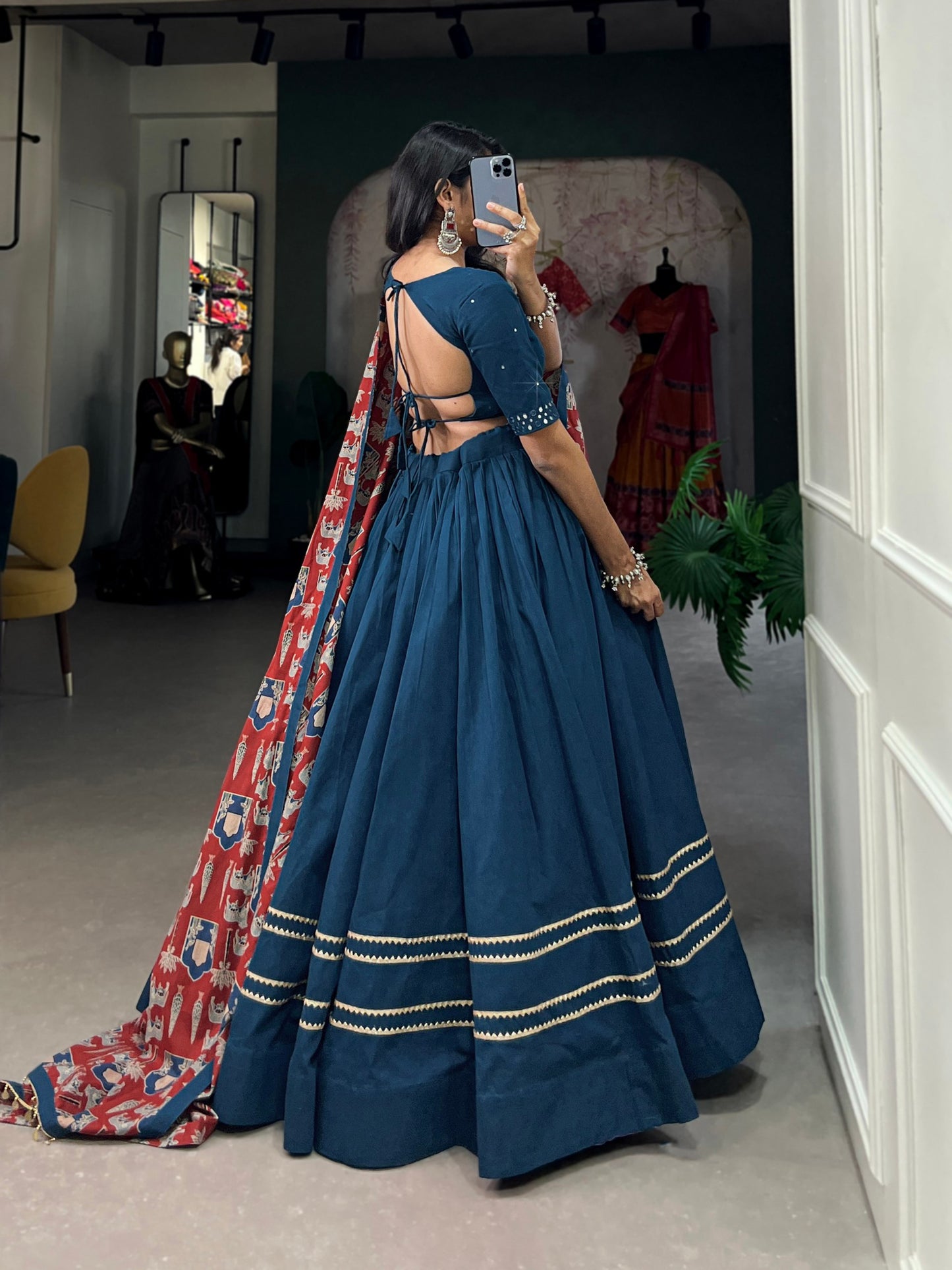 Trendy Blue Pure Cotton Lehenga – Plain Design with Gota Patti Touch Up