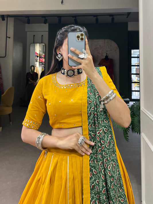 Trendy Mustard Pure Cotton Lehenga – Plain Design with Gota Patti Touch Up
