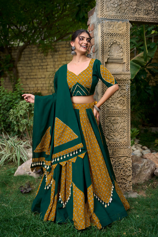 Green & Yellow Pure Cotton Lehenga with Cowrie (Kodi) Lace | Trendy Printed Ethnic Wear
