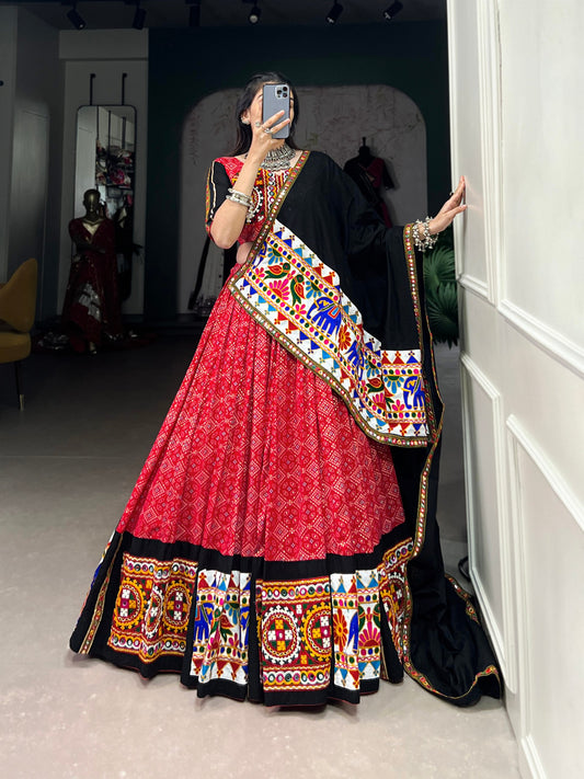 Pink Pure Cotton Lehenga with Printed Design, Gamthi Work & Mirror Embellishments