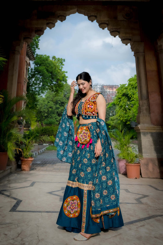 Rama Blue Pure Rayon Lehenga with Printed Design, Foil Work, Gamthi Patchwork & Lace Touch-Up