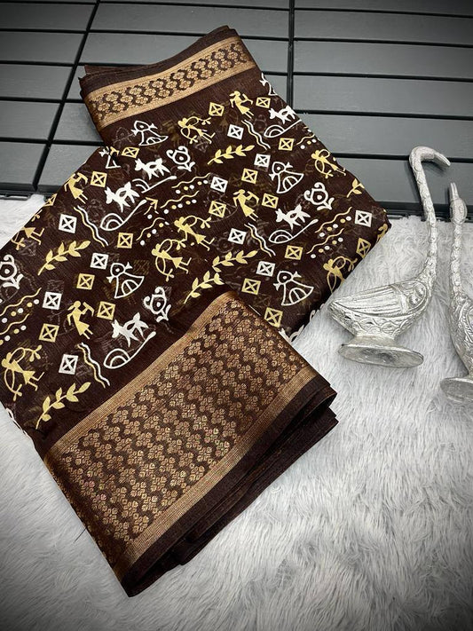 Brown colour padding crystal jacquard and zari jacquard border saree