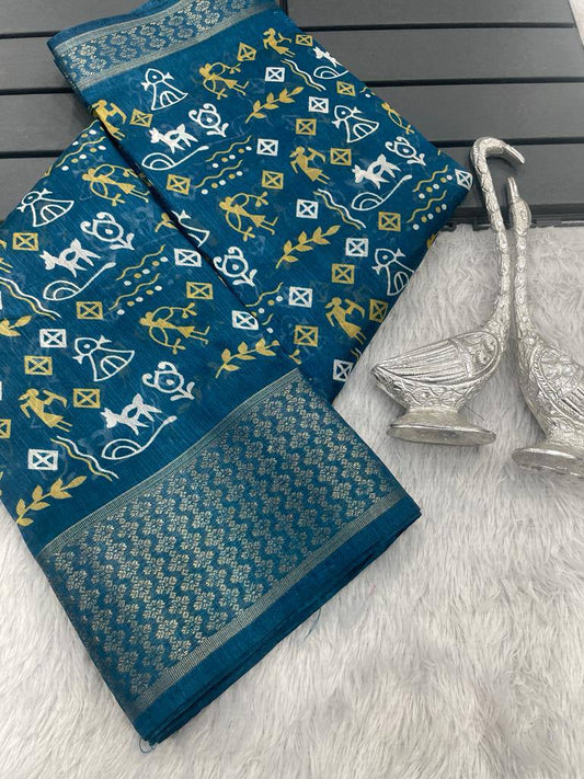 Blue colour padding crystal jacquard and zari jacquard border saree