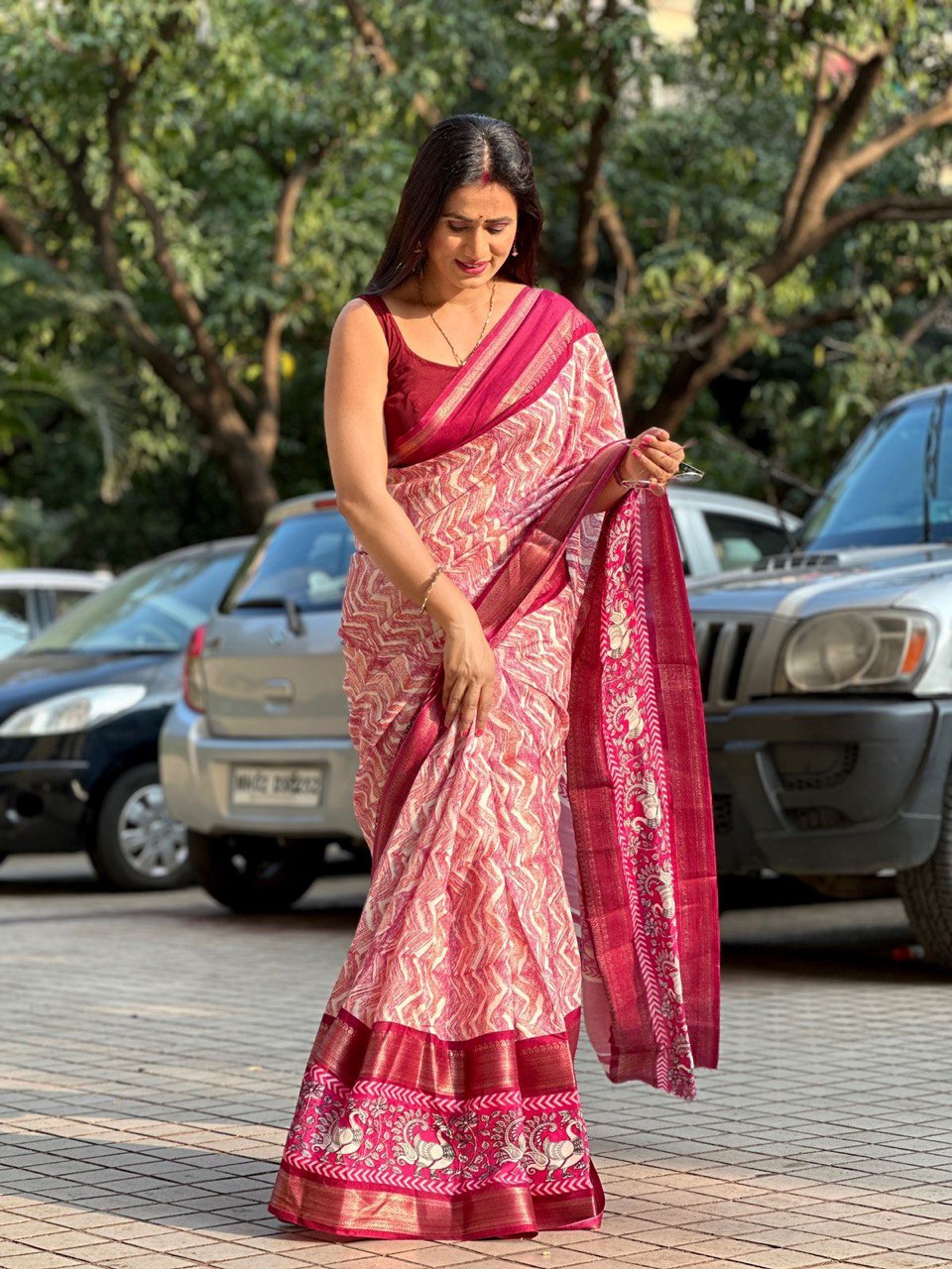 Pink colour viscous tusser silk saree