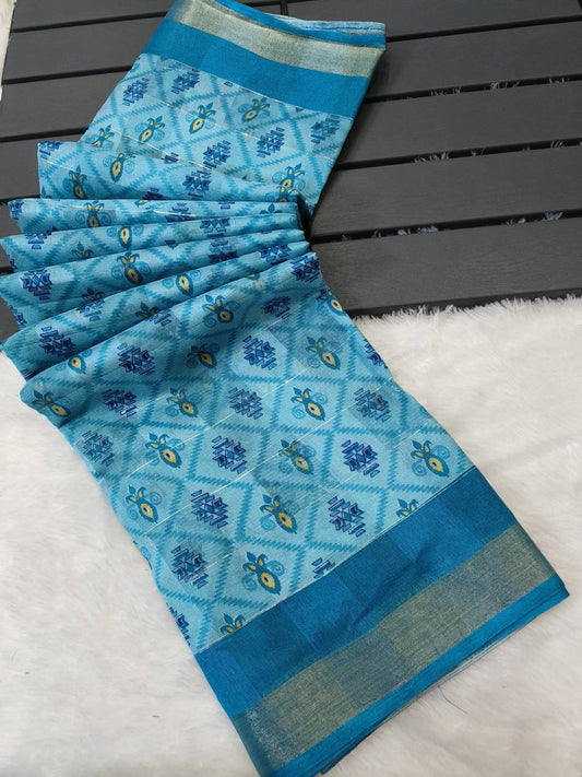 Blue Cotton zari jackquard border saree