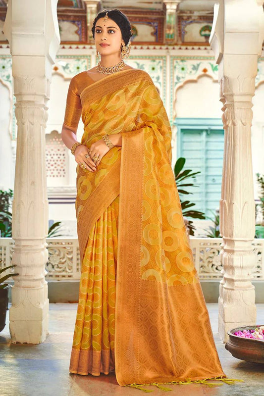 YELLOW COLOUR SOFT LICHI SILK CLOTH AND RICH PALLU & JACQUARD PATTERN WORK ON ALL OVER THE SAREE